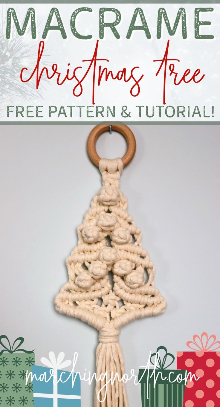 a macrame Christmas tree hanging on a gray wall Macrame Christmas Tree Wall Hanging Tutorial, Diy Macrame Christmas Tree, Small Macrame Projects, Christmas Tree Macrame, Macrame Xmas, Diy Macrame Christmas, Macrame Projects Ideas, Tree Macrame, Macrame Christmas Tree