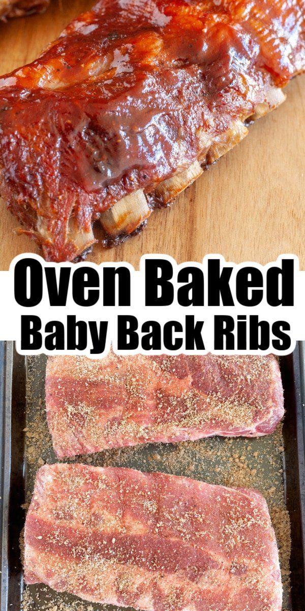 oven baked baby back ribs on a baking sheet with seasoning in the background and text overlay that reads oven baked baby back ribs