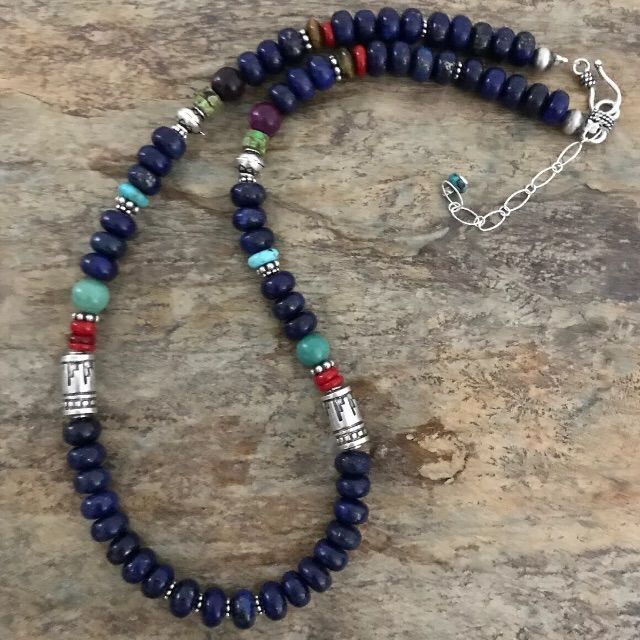 Sterling Silver Lapis Bead Necklace. 17 Inch Beading Projects Necklaces, Silver Pendant Beaded Necklace, Omatikaya Avatar, Long Beaded Necklaces, Mens Beaded Necklaces, Signature Necklace, Beaded Jewelry Necklaces, Lapis Necklace, Basic Jewelry