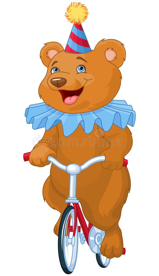 a brown bear riding a bike with a birthday hat on