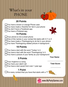 a thanksgiving phone list with pumpkins, leaves and other things to do on it