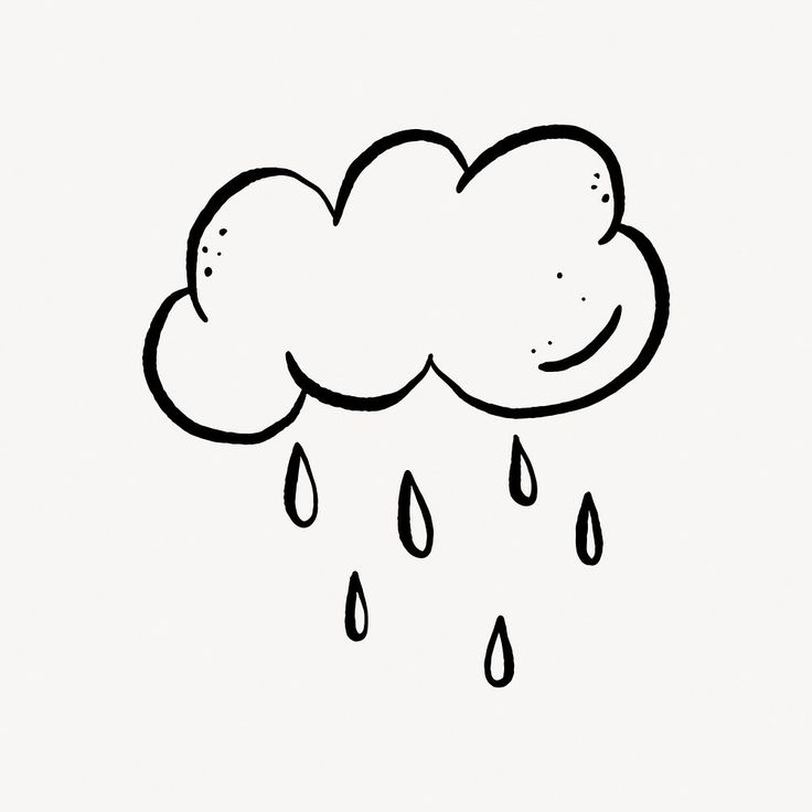 a black and white drawing of a cloud with rain drops coming out of it's side