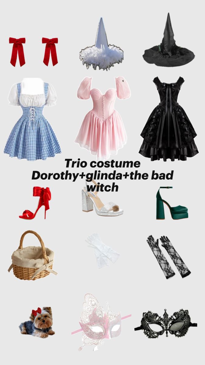 several different types of clothes and accessories on display with caption that reads, trio costume dorothy - glind - the - bad witch