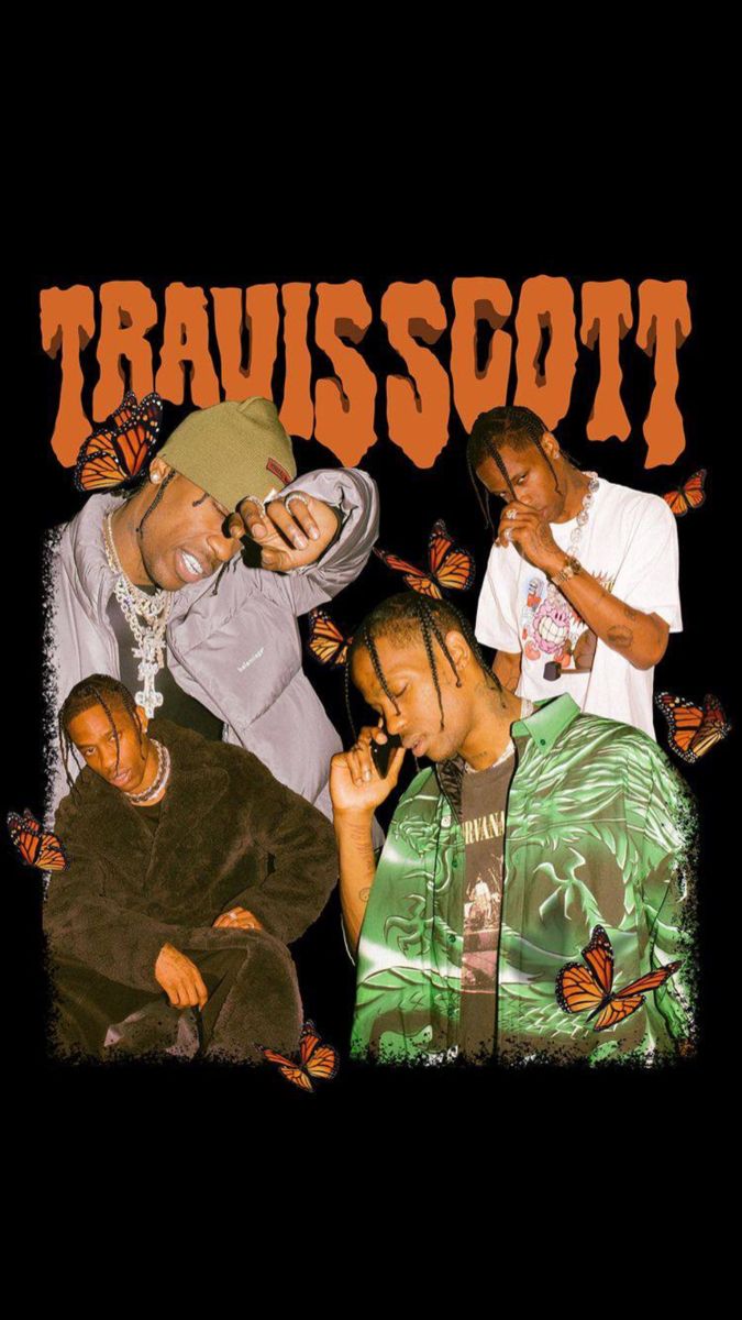 three men sitting next to each other with butterflies on their head and the words travis scott above them