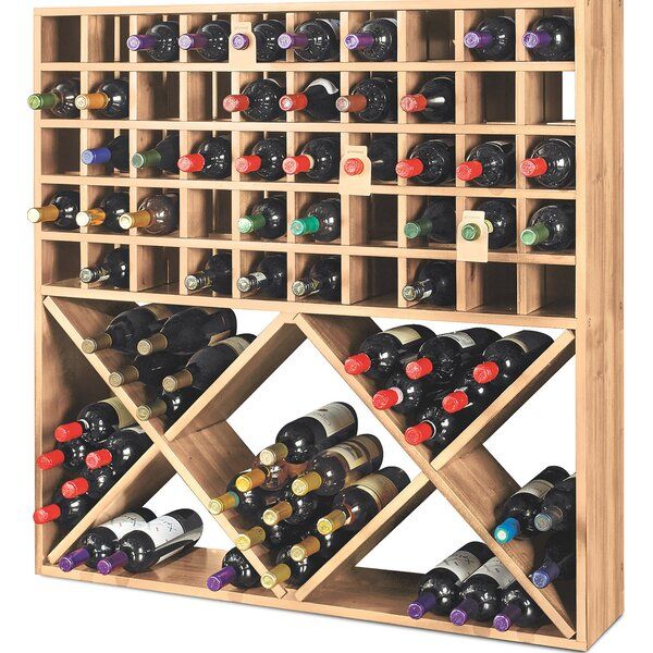 a wooden wine rack filled with lots of bottles