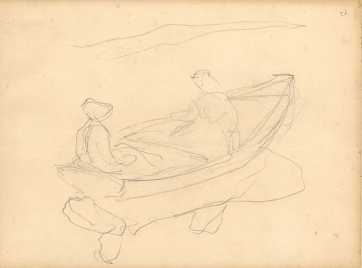 a drawing of two people sitting in a boat