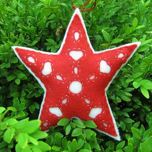 a red and white felt star ornament hanging from a green bush filled with leaves