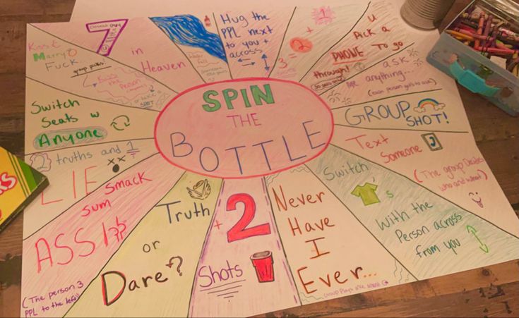 a spin the bottle game on a table with markers and pencils next to it