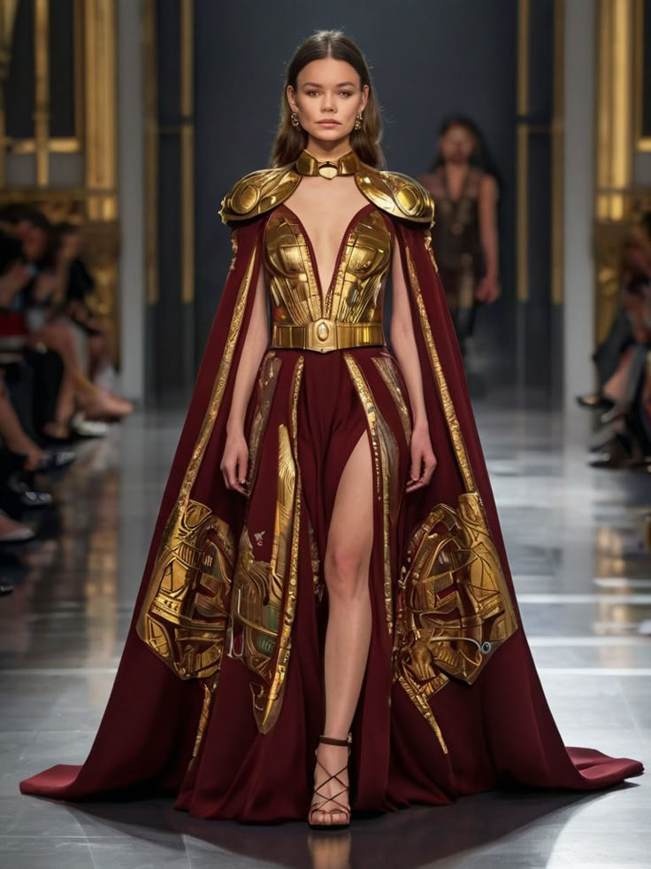 Gold Dress Fantasy Gowns, Fantasy Dress With Armor, Eternals Costume Design, Roman Goddess Dress, Dresses With Armor, Armor Inspired Dress, Asgardian Dress Goddesses Gowns, Asgardian Outfit, Gold Gown Aesthetic