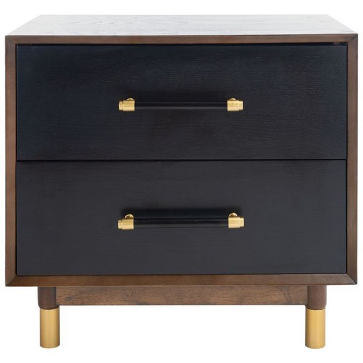 a black and gold nightstand with two drawers on one side, the other has brass handles