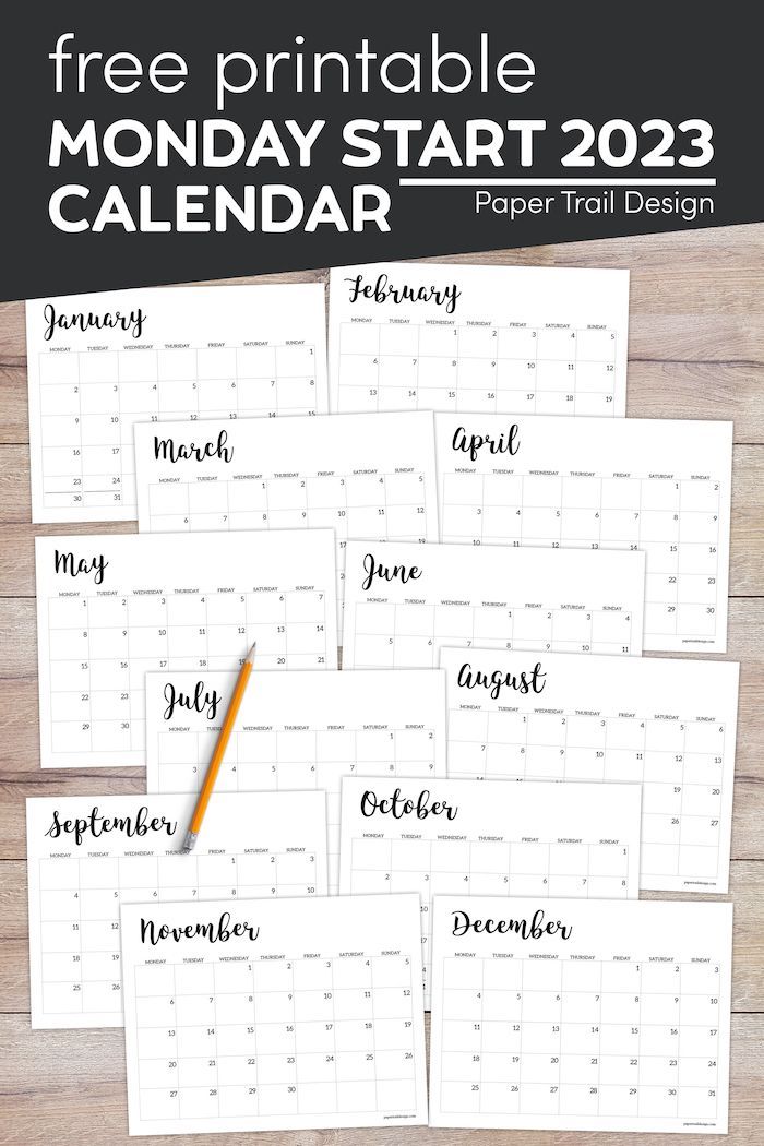 the free printable monday start calendar is shown on a wooden table with a pencil