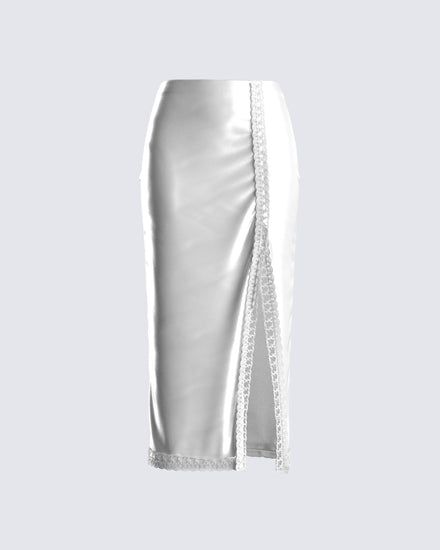 Bless them with your presence in this white satin lace skirt ✨ With a divine vibe, and classy look, this skirt is crafted from satin fabric, and boasts a lace trim, a high slit, and a discreet side zipper 🤍 Beauty Shop Decor, Dress Reference, Coquette Clothing, White Corset Dress, Yellow Mini Dress, Rhinestone Top, Drawing Anime Clothes, White Corset, Black Off Shoulder