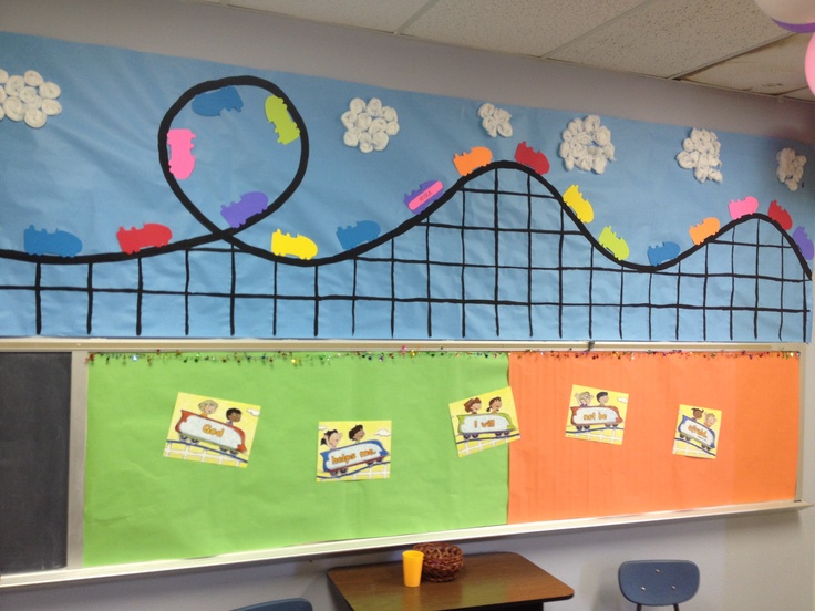 a classroom wall decorated with colorful paper and pictures on the back of it's walls