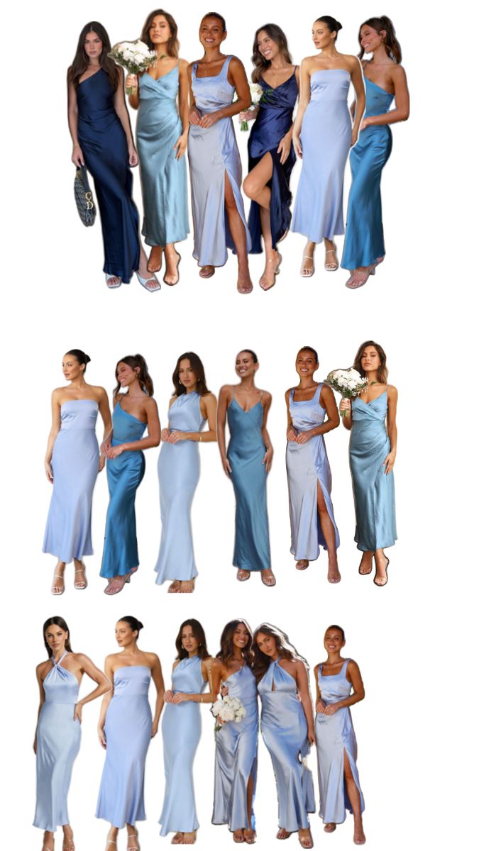 several women in different dresses posing for the same photo, each with their own side slit