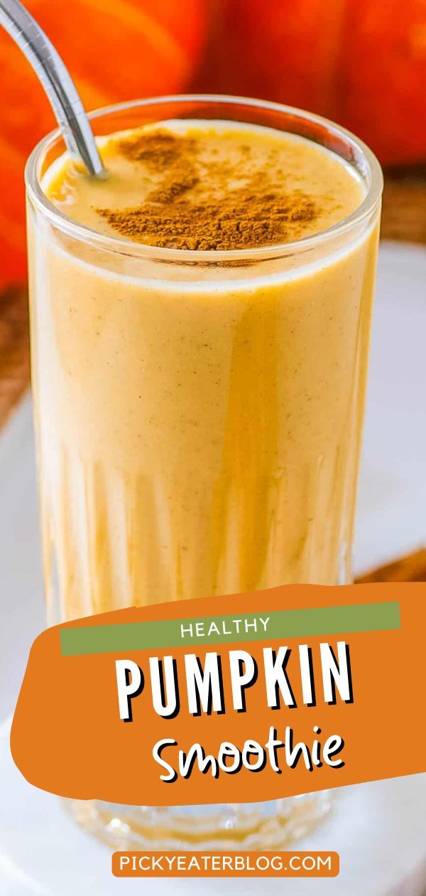 healthy pumpkin smoothie in a glass with cinnamon on top and the title overlay reads healthy pumpkin smoothie