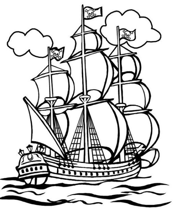 a black and white drawing of a pirate ship in the ocean with flags on it