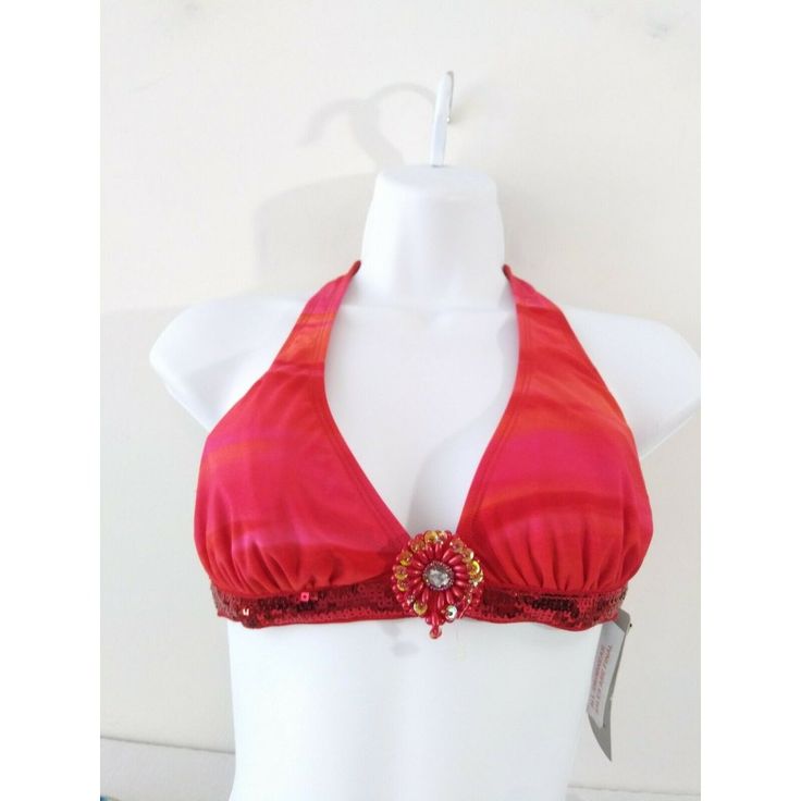 New Women's Endless Sun Red Triangle Cut One Sequin Is Loose Bikini Swim Top Size M Stretch Red Halter Top For Summer, Red Stretch Halter Top For Summer, Red Stretch Triangle Halter Top, Red Halter Top For Summer Parties, Red Summer Halter Top, Red Halter Neck Top For Poolside, Red Triangle Halter Top For Beach, Stretch Red Halter Top For Vacation, Red Stretch Halter Top For Vacation