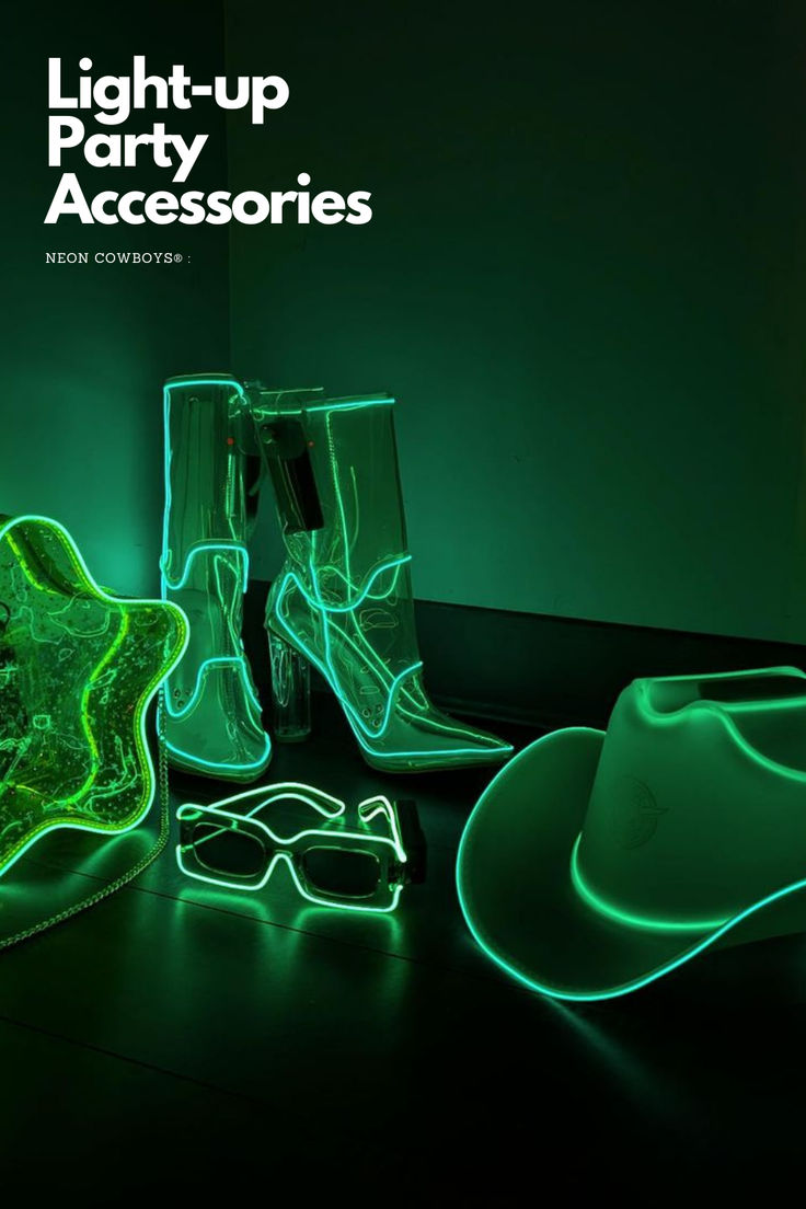 Neon Cowboys light-up party accessories including boots, hat, glasses, and star-shaped bag Disco Alien, Neon Cowboy Hat, Neon Cowboy, Shine Like The Stars, Space Cowgirl, Light Up The Night, Cowgirl Chic, Wedding Receptions, Tech Fashion