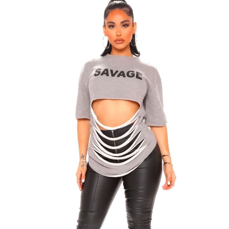 New Specs In The Photos Edgy Gray Tops With Letter Print, Trendy Distressed Gray Tops, Trendy Gray Distressed Tops, Edgy Gray Tops For Fall, Edgy Ripped Tops For Night Out, Long Sleeve Bodysuit Women, Wide Sleeve Sweater, Pink Cropped Hoodie, Fashion Nova Bodysuit