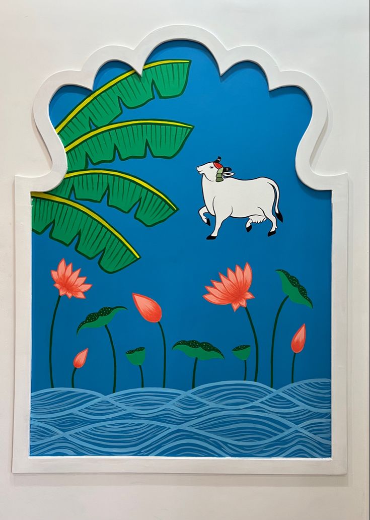 an image of a cow in the middle of flowers and palm trees on a blue background