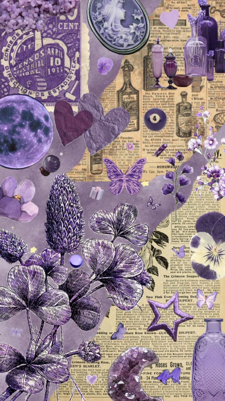 altered photograph of purple flowers and butterflies on an old book page with the moon in the background