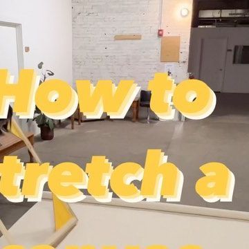 a room with white brick walls and yellow text that says how to stretch a couch