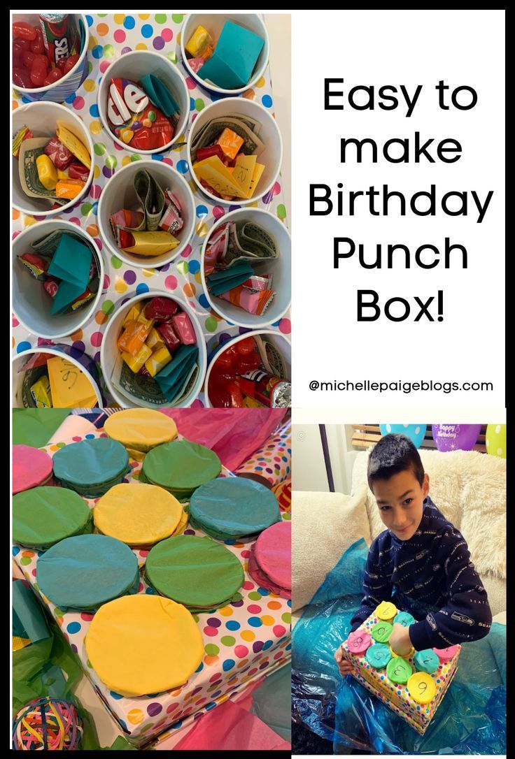 a collage of photos with the words easy to make birthday punch box