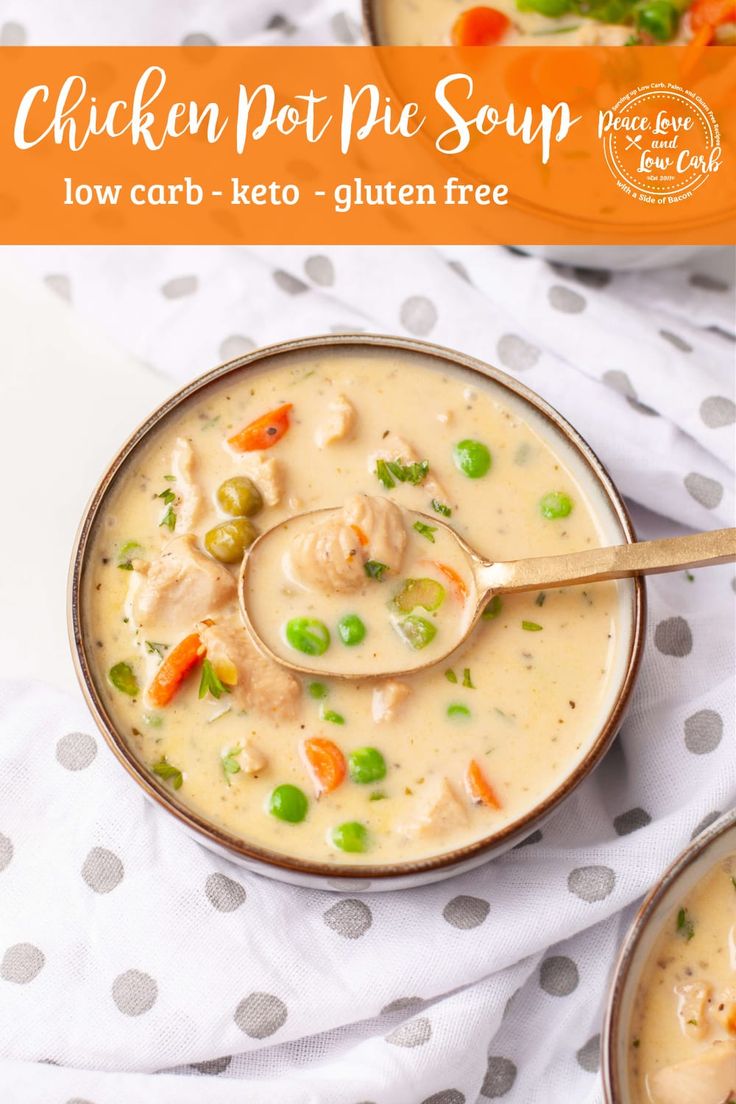 two bowls filled with chicken pot pie soup on top of a polka dot table cloth