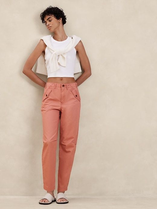 Authentic Chino Girlfriend Pant | Banana Republic Factory Trendy Cotton Jeans For Loungewear, Trendy Cotton Loungewear Jeans, Fitted Cotton Ankle-length Jeans, Fitted Ankle-length Cotton Jeans, Fitted Cotton Cargo Pants For Summer, Everyday Organic Cotton Bottoms With Pockets, Organic Cotton Long Pants With Pockets, Cotton Jeans For Fall Loungewear, Spring Everyday Relaxed Fit Chinos