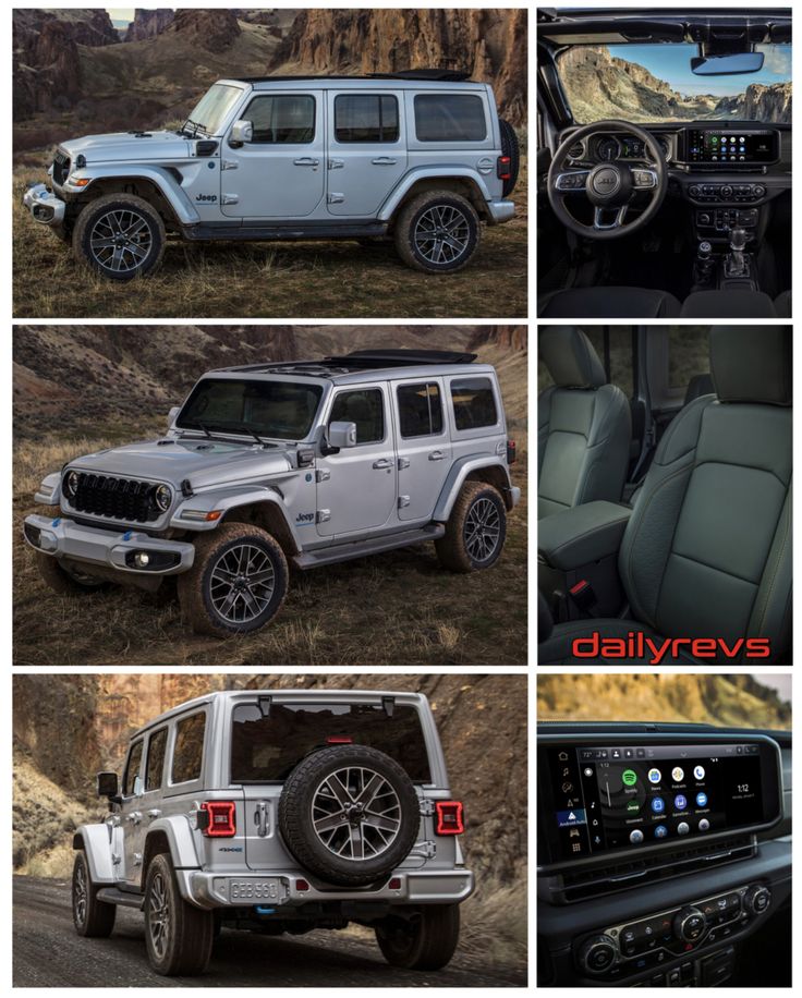 four different views of the interior and exterior of a jeep, including an all - terrain vehicle