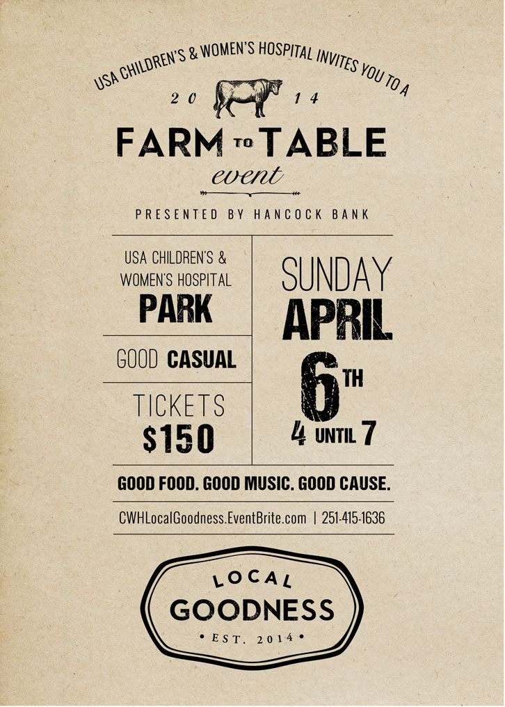 the farm to table event poster is shown in black and white, with an image of a cow on it