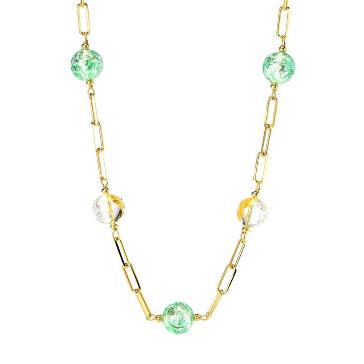 Add eye-catching color and style to any look with this Toscana Italiana necklace. It features seven 12-13mm Murano glass beads on the on-trend knife-edged paperclip link chain. Four of the beads display silver swirls with gold flakes while the others have green swirls with silver flakes. Crafted in 18K yellow gold plated bronze, it has a polished finish that provides bright gleam. It's available in your choice of length - 18" or 24" - and secures with a lobster clasp. It's a perfect finishing to Green Necklaces With Round Beads Chain, Elegant Green Glass Necklaces, Round Glass Beaded Chain Necklace, Elegant Glass Chain Necklace, Round Glass Beaded Chain Necklaces, Glass Beaded Chain Necklace, Gold Single Strand Murano Glass Necklace, Gold Murano Glass Single Strand Necklace, Gold Glass Necklace With Polished Beads