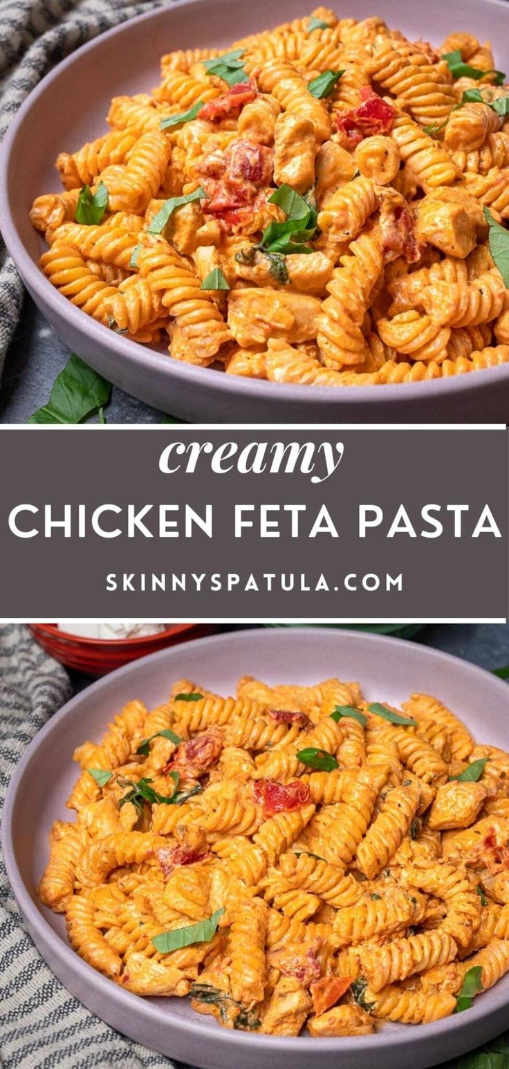 two bowls filled with creamy chicken feta pasta