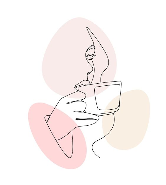 a line drawing of a woman holding a cup