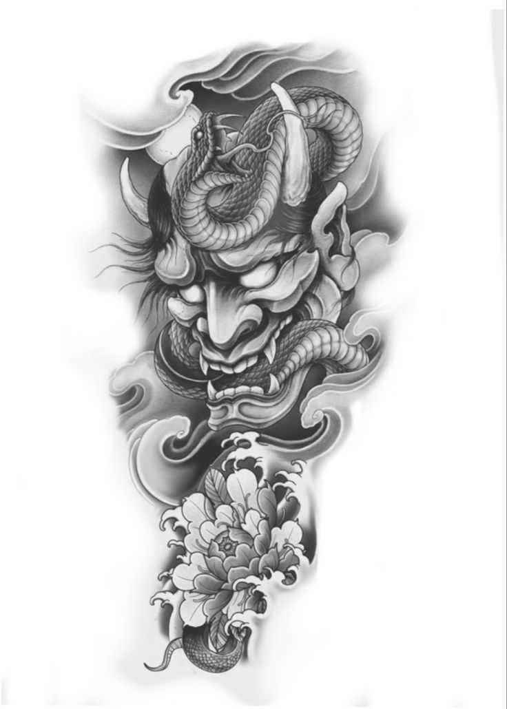 Hanya Mask And Snake Tattoo, Tattoo Dragon Japan, Japanese Fu Dog Tattoo Design, Chest Piece Tattoos For Guys, Japanese Dragon Sleeve, Asian Tattoo Designs, Whole Leg Tattoo, Hanya Mask Tattoo Design, Demon Tattoo Designs