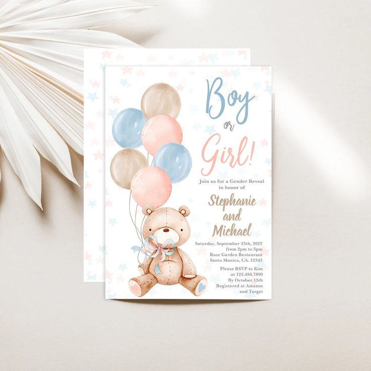 a baby shower card with a teddy bear holding balloons