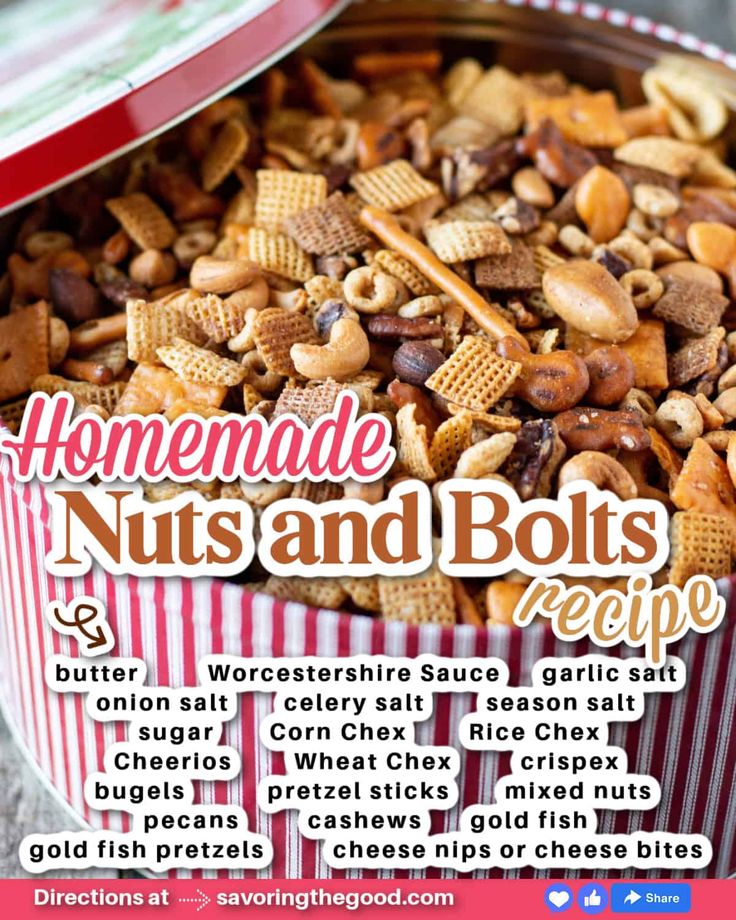 the recipe for homemade nuts and bolts is shown in a bowl with red striped paper