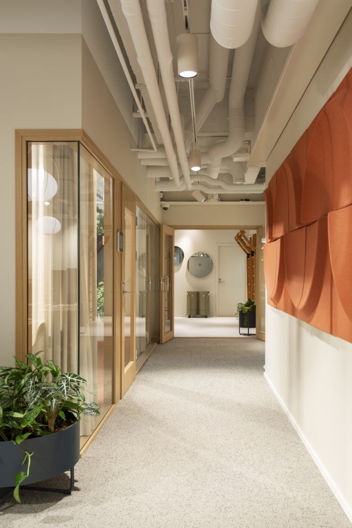 an office hallway with plants and potted plants