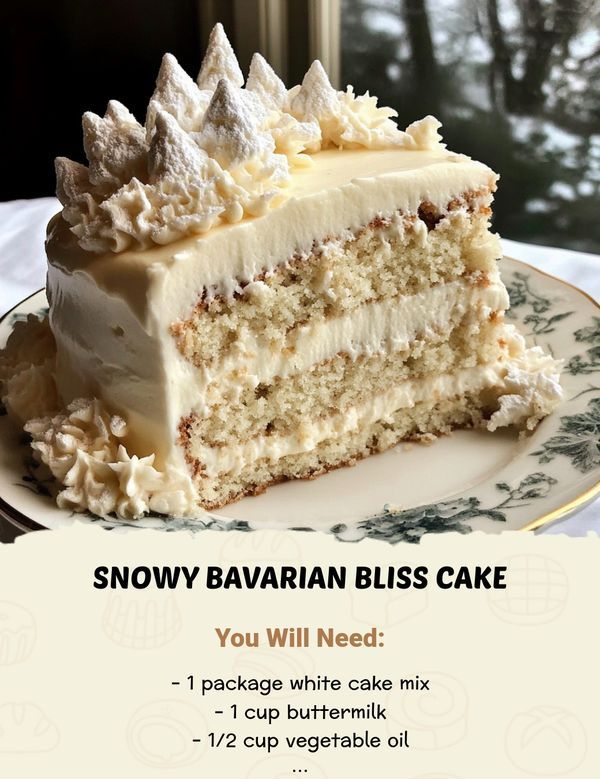 a piece of cake with white frosting on it and the words snowy bavarian bliss cake