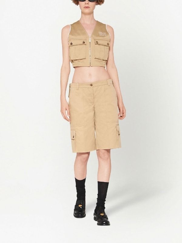 Miu Miu Cotton Chino Bermuda Shorts - Farfetch Miu Miu Logo, Bullet Proof Vest, Cropped Vest, Cotton Chinos, Women Cargos, Cotton Logo, Chino Shorts, Workout Shorts, Miu Miu