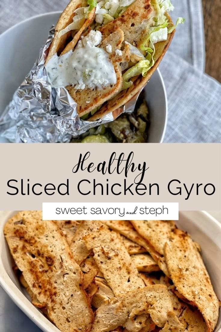 healthy sliced chicken gyro in a white bowl on a blue tablecloth with text overlay