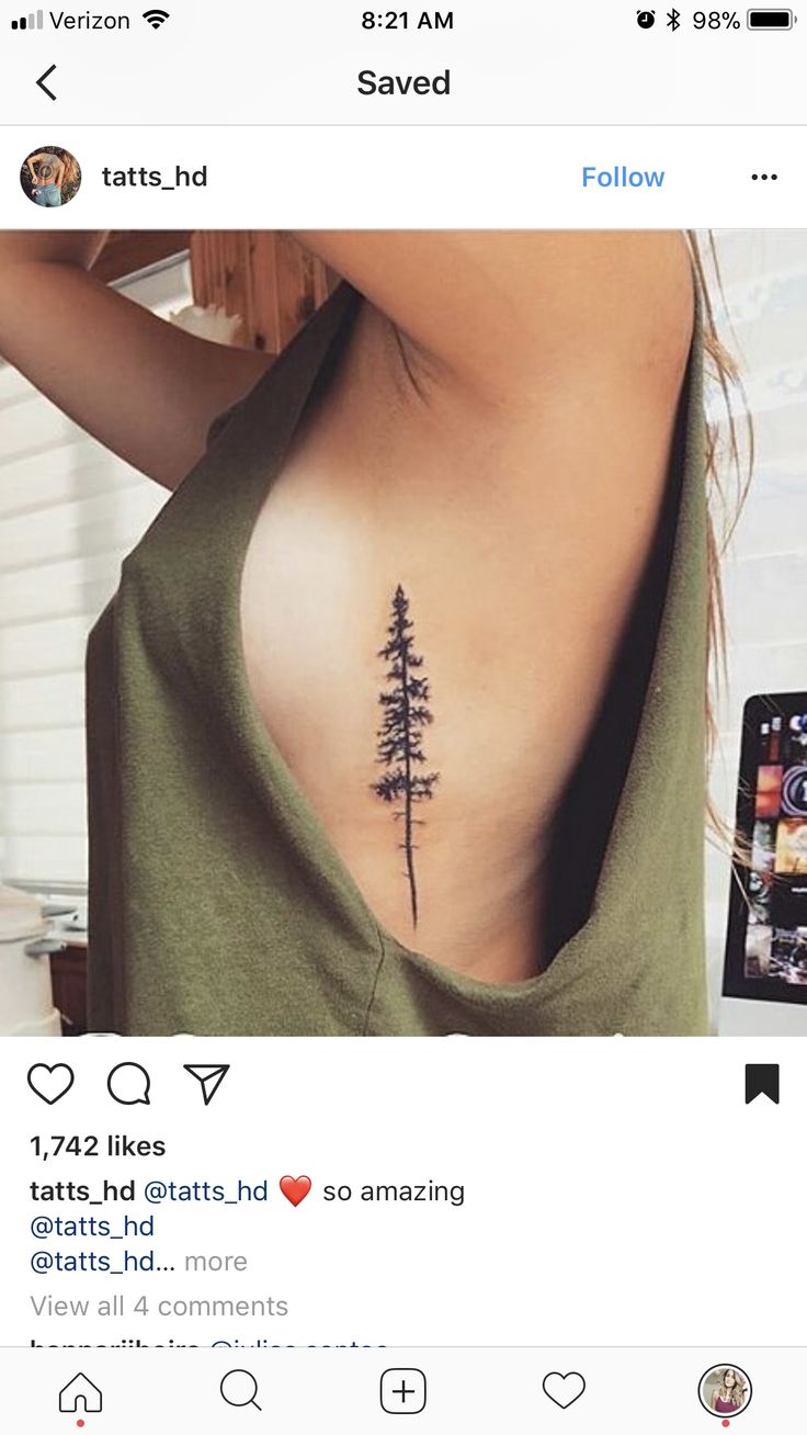 the back of a woman's chest with a pine tree tattoo on it,