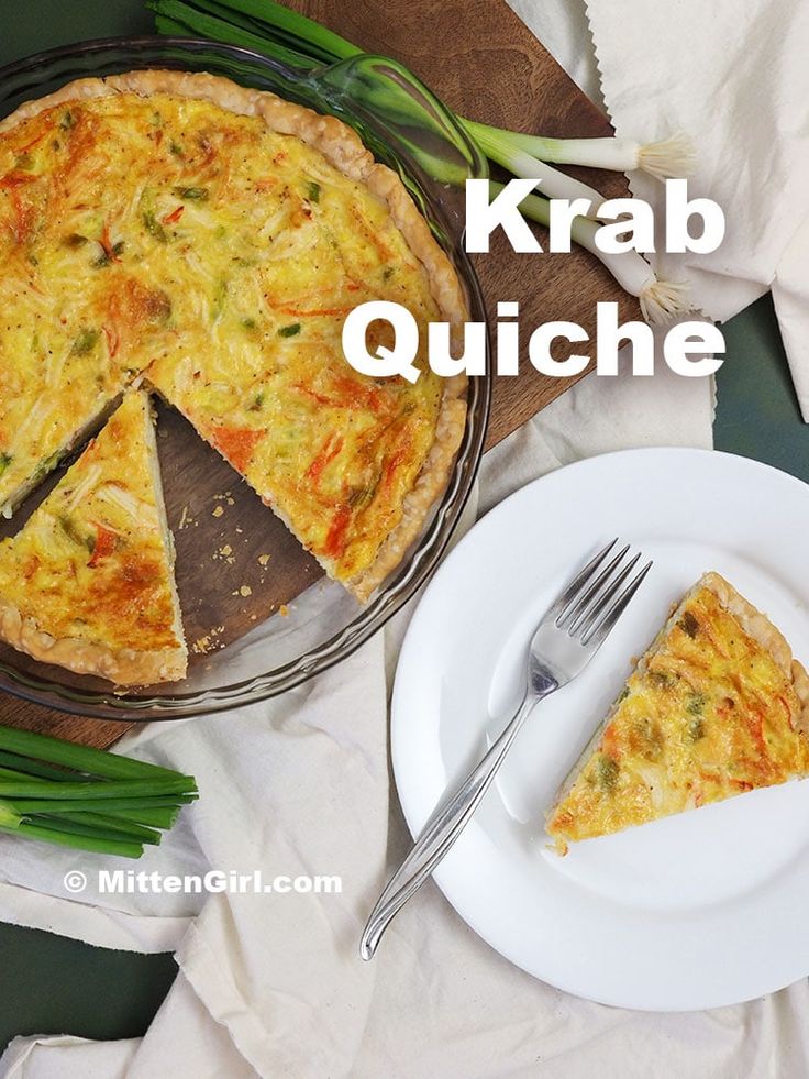 a quiche on a plate next to a fork and knife