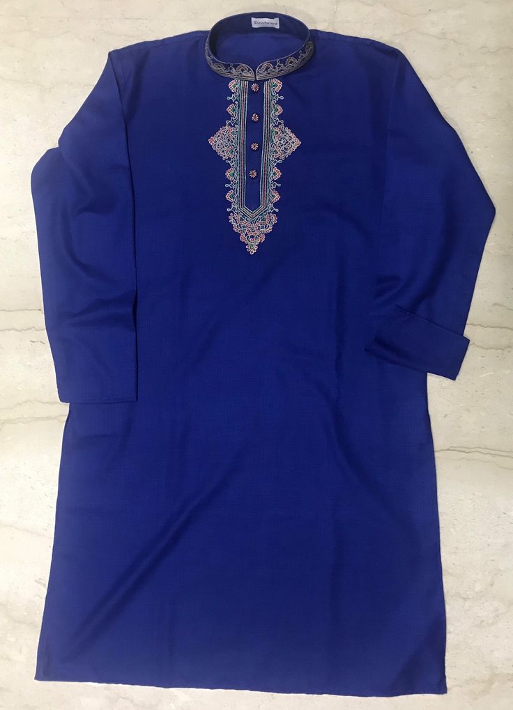 Best Traditional Ethnic Linen Embroidered Kurta.  Made of 100% Pure Linen Solid Fabric.  DETAILS Fabric - Blue : 100% Pure Handloom matka Cotton Straight Kurta With Full Sleeves. Color - Royal Blue  Manual Machine Embroidery White Stripe:  Fabric : 100% Pure Handloom Cotton  Straight Kurta With Full Sleeves. Color - Royal Blue  Manual Machine Embroidery. Colour : Customise  Size Chart S - Length 42''/ Chest 20''/ Sleeve Length 24 1/2''/ Bicep 9''/ Armhole 9 1/2''/ Shoulder 18" M - Length 42''/ C Embroidered Blue Kaftan For Traditional Ceremonies, Blue Kaftan For Eid, Blue Traditional Ceremonial Kaftan, Blue Kaftan For Eid And Traditional Ceremonies, Semi-stitched Blue Kurta For Ceremonial Occasions, Blue Semi-stitched Kurta For Ceremonial Occasions, Blue Bohemian Kurta For Transitional Season, Unstitched Bohemian Blue Traditional Wear, Blue Ceremonial Kurta For Festivals