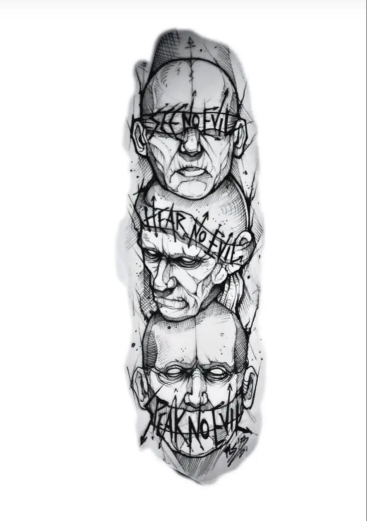 an ink drawing of three faces with words written on the face and in different languages