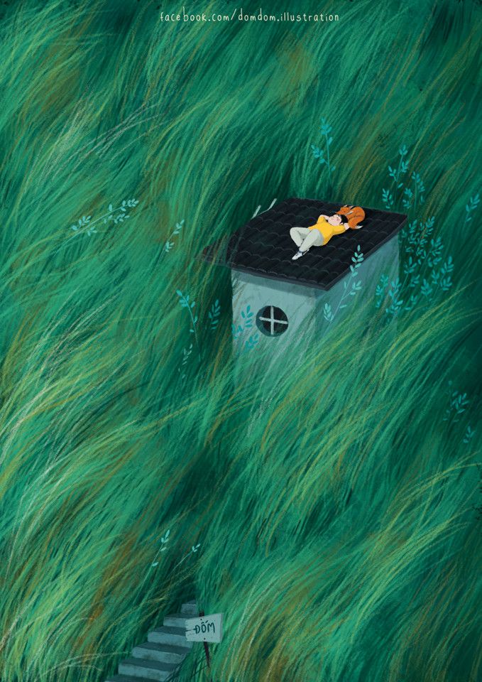 an illustration of a birdhouse in tall grass with stairs leading up to the top