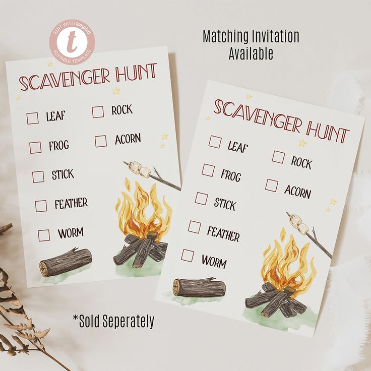 two scavenger hunt cards sitting on top of a table next to dried plants