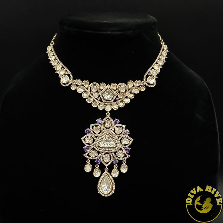 Statement Gold lookalike Kundan Necklace - Necklace -Choker Bridal Pendant Necklace With 17 Jewels For Party, Unique Purple Jeweled Dangle Jewelry, Purple Kundan Jewelry Gift, Purple Jeweled Jewelry For Wedding, Purple Wedding Jewelry With Jewels, Purple Jeweled Wedding Necklace, Elegant Purple Bridal Necklace For Wedding, Purple Costume Jewelry For Wedding, Wedding Amethyst Jewels Jewelry