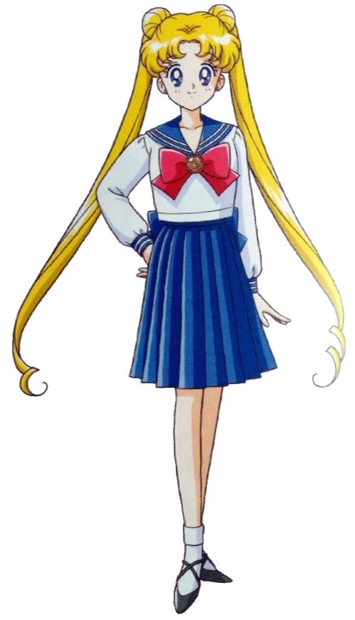 sailor girl with long blonde hair and red bow on her head, standing in front of white