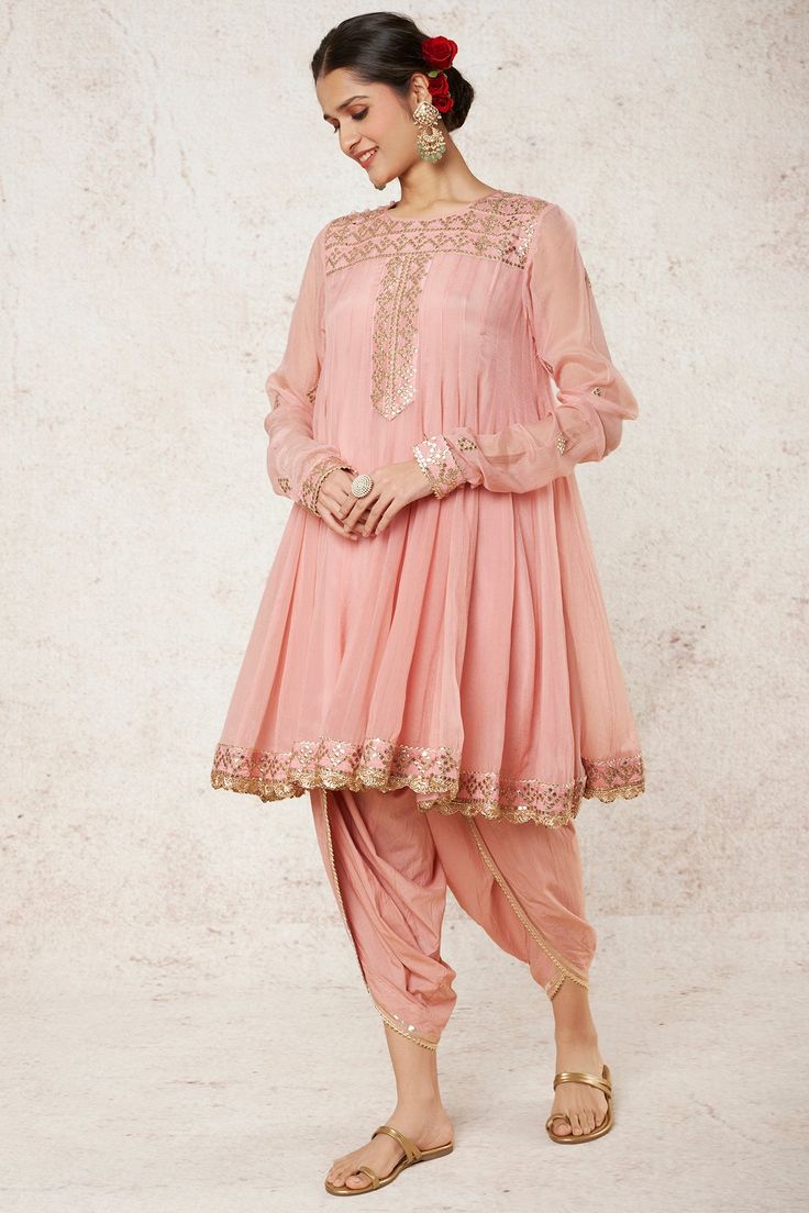 Gopi Vaid-Ahana Pink Kurta And Dhoti-INDIASPOPUP.COM Dhoti Frock Dress, Pink Tissue Silk Kurta With Traditional Drape, Traditional Pink Tissue Silk Kurta, Elegant Cotton Silk Churidar With Dori Work, Elegant Slub Silk Salwar Kameez For Navratri, Elegant Navratri Slub Silk Salwar Kameez, Designer Slub Silk Sherwani With Traditional Drape, Elegant Pink Art Silk Kurta, Eid Wedding Sherwani In Slub Silk